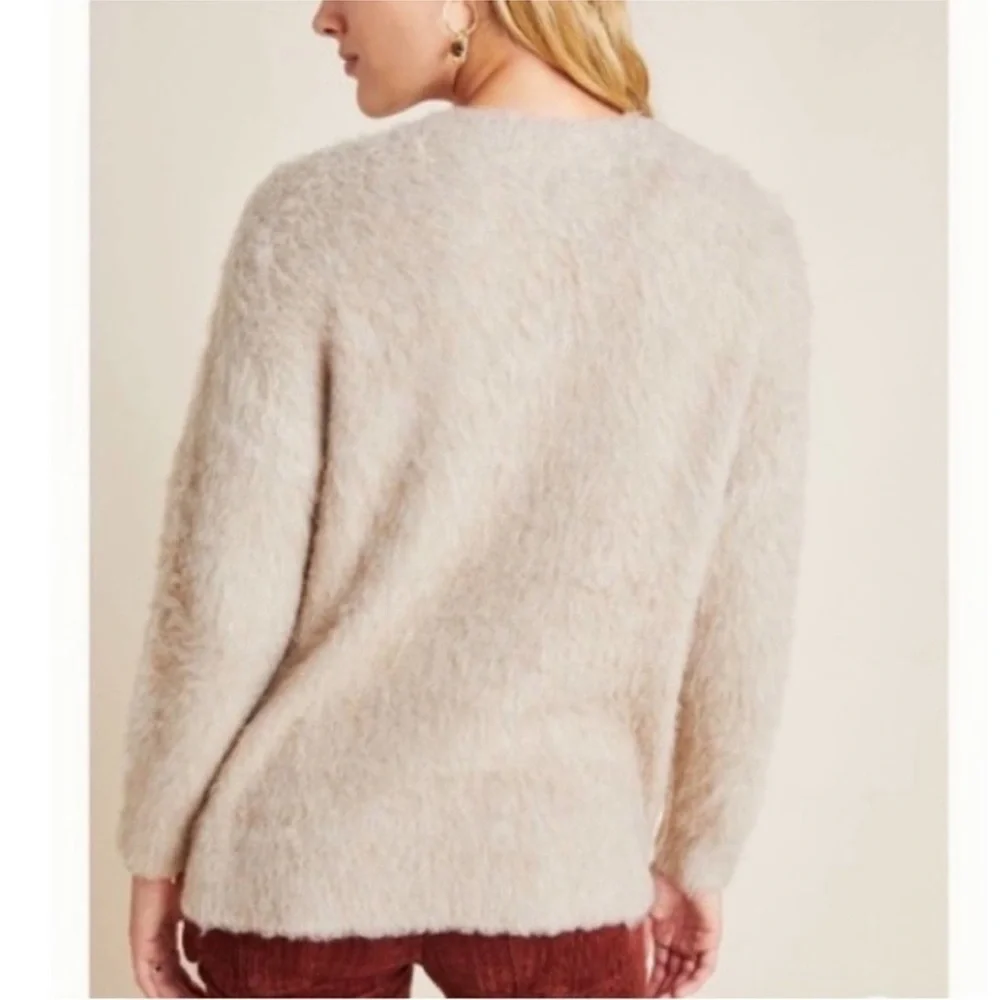 Anthropologie Simone Teddy Sweater Tan Taupe Oversized V-Neck Fuzzy Small